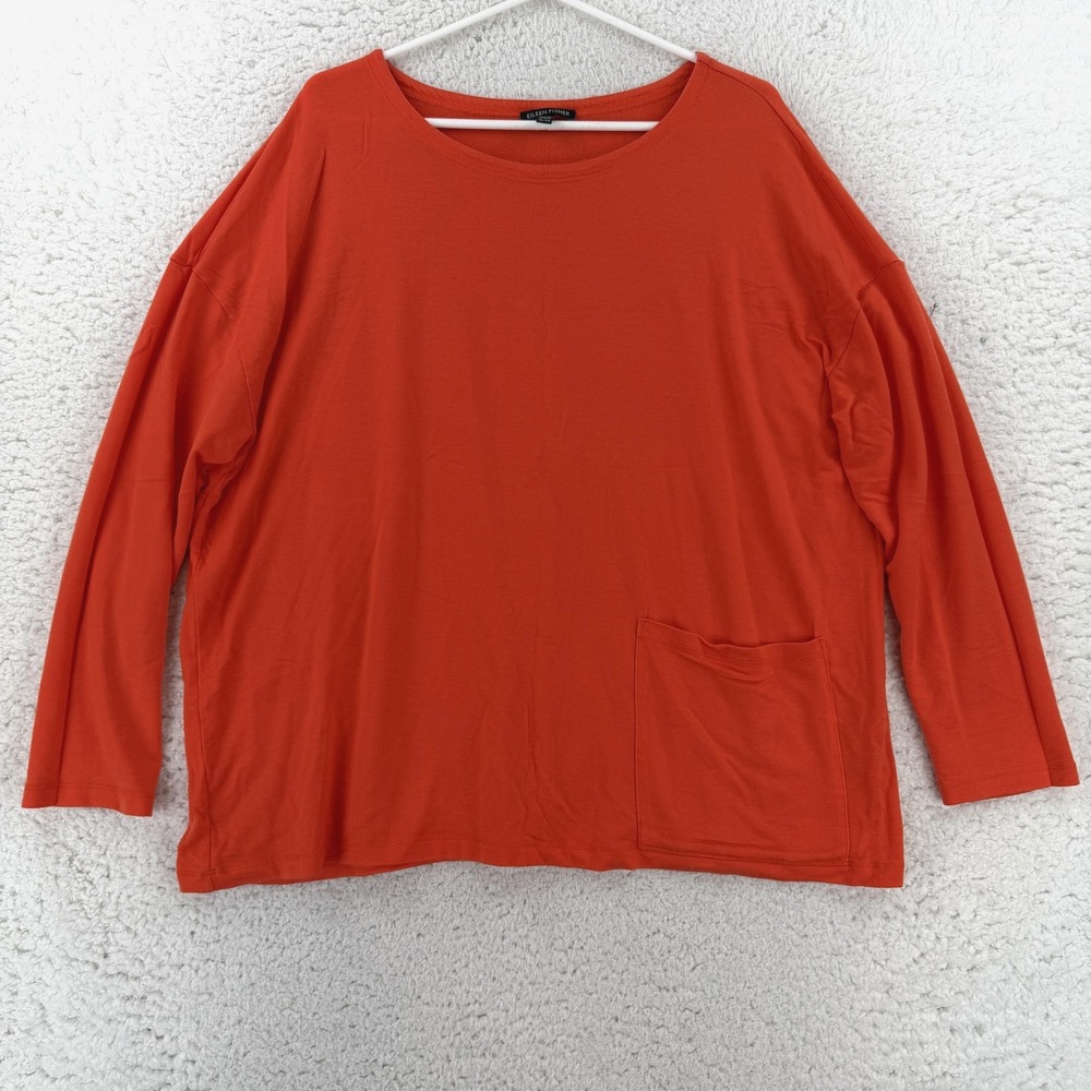 Eileen Fisher Womens XL Orange Crew Neck Long Sleeve Tencel Jersey Pocket Top